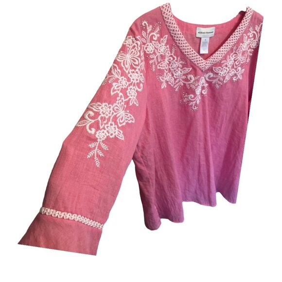 Alfred Dunner Paradise Pink Embroidered Yoke & Sleeve V Neck Tunic Top Sz Medium - Picture 5 of 9